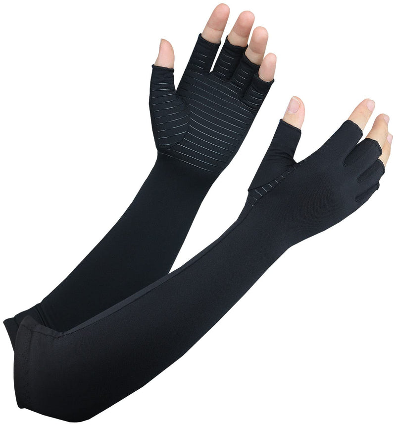 Copper Long Arthritis Gloves,Long Wrist Compression Arm Sleeve Carpal Tunnel Gloves, Fingerless Hand Compression Gloves for Men Women Computer Typing, RSI, Support Hands Wrist &Arms - 1 PAIR (Medium) Medium Black - BeesActive Australia
