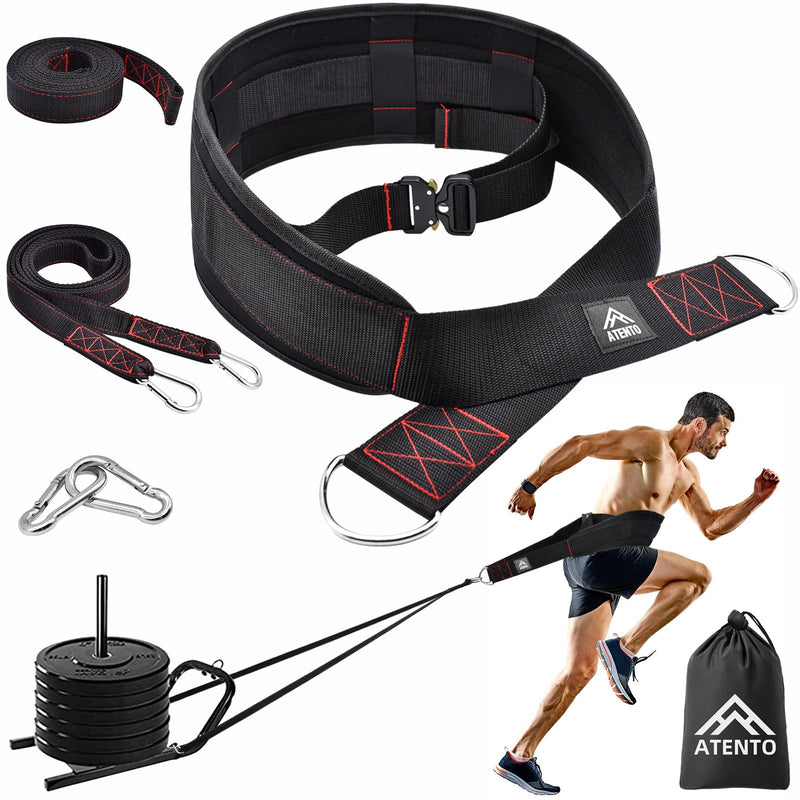ATENTO Sled Pulling Belt, Adjustable Closure Sled Training Waist Belt,Weight Sled Pull Belt for Tire or Sled Pulling, Squat,Leg Muscles Strength Training, Agility, Resistance Training, Core Power Workout, Belt for Pulling with 2 Pulling Straps & 4 Hook...