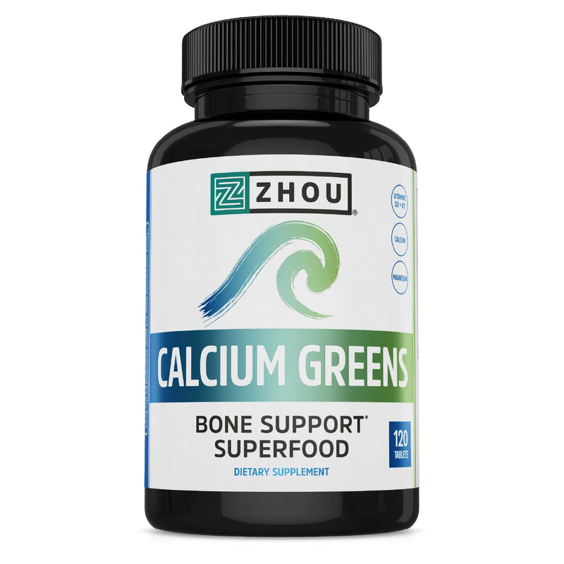 Zhou Calcium Greens - Calcium Supplements for Women & Men - 120 Tablets | Bone Strength Support Supplement with Vitamin D3, Bone Support with Algae & Vitamin K2 & D, Plant Based