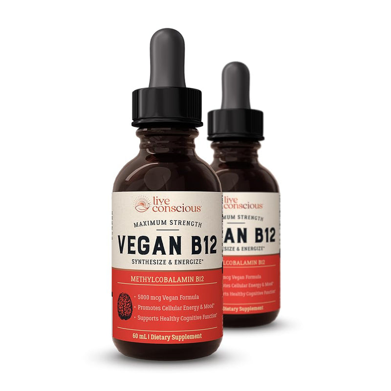 Live Conscious Vegan Vitamin B12 Sublingual Liquid Drops Methylcobalamin Max Strength B12 5000mcg Formula - Vegan B 12 Vitamin Support Energy, Promote Memory & Aid Immune System (2 Pack) 2 Fl Oz (Pack of 2)