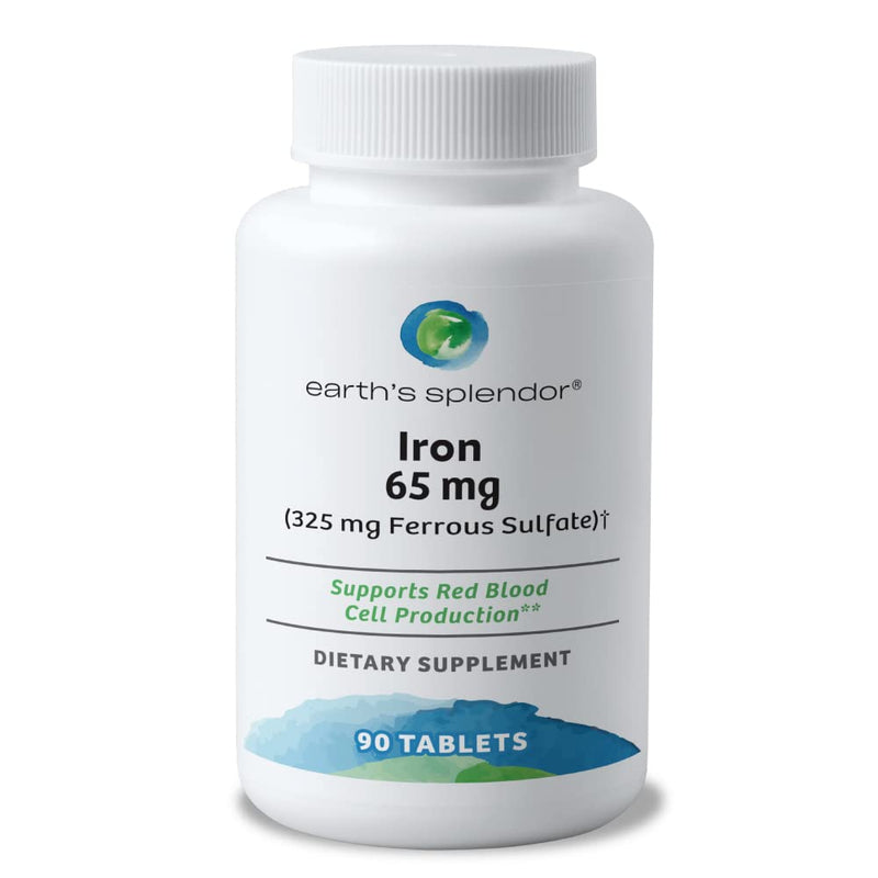 Earth's Splendor Iron 65mg USP Ferrous Sulfate 325mg Tablets 90 Count | Supports Energy Production Oxygen Transportation Healthy Blood Daily Supplement Three Month Supply 90 Tablets Iron 65 mg