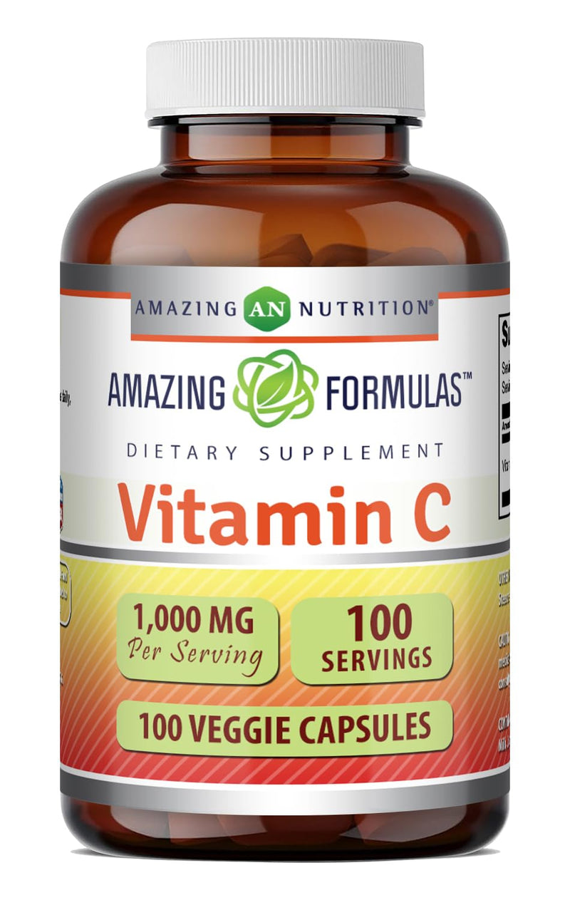Amazing Formulas Vitamin C Supplement | 1000 Mg | Veggie Capsules | Non-GMO | Gluten-Free | Made in USA (100 Count, 1 Pack) Unflavored 100 Count (Pack of 1)