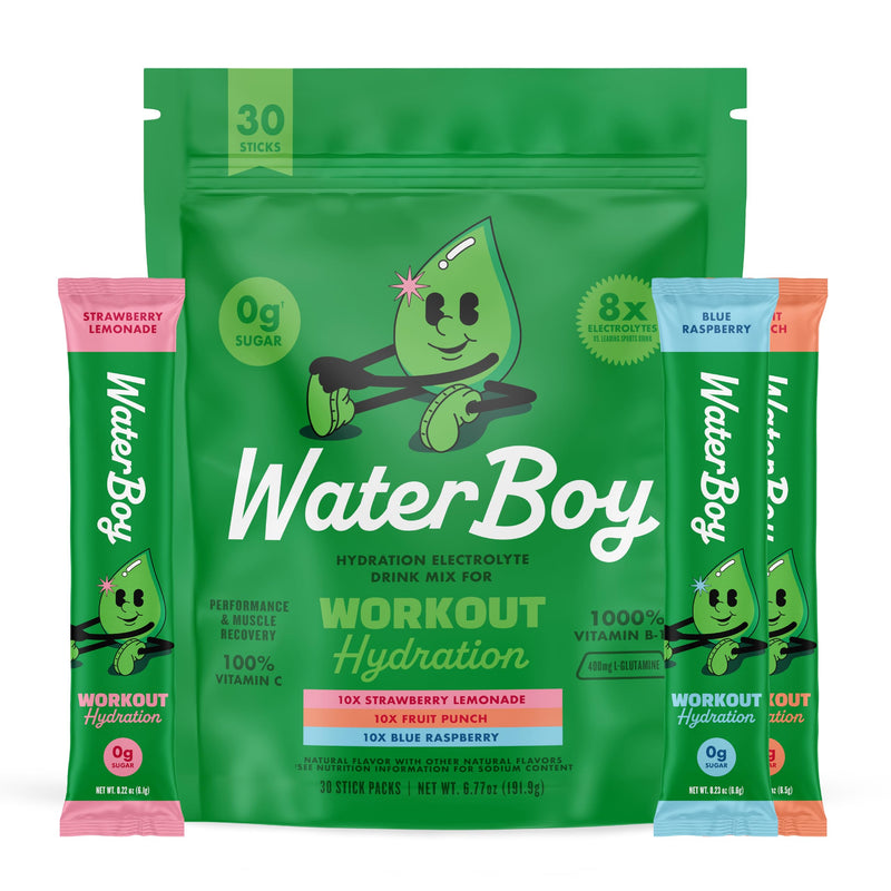 Waterboy Workout Hydration | 2,960mg Sugar Free Electrolyte Powder Packets | L-Glutamine + Vitamins | No Sugar, All Natural, Gluten Free (Variety) Variety (30ct)