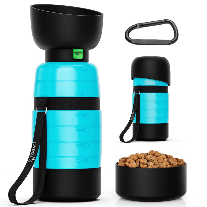 Pecute Upgraded 22 oz Dog Water Bottle with 5 oz Food Container, Portable Dog Travel Water Bottle Dispenser, Leakproof, BPA Free, Lightweight, Pet Water Bottle Bowl for Outdoor Walking Hiking Camping 22 oz + 5 oz Blue - BeesActive Australia