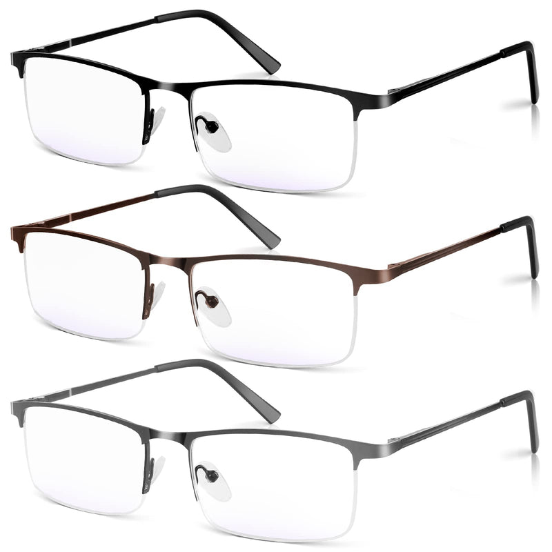 3 Pack Blue Light Blocking Reading Glasses for Men, Stylish Half Frame Metal Computer Readers, Lightweight Spring Hinge Eyeglasses Anti Eyestrain/Glare/UV (Mix Color, Black+Grey+Brown, 1.5) Mix Color(black/Grey/Brown) 1.5 x