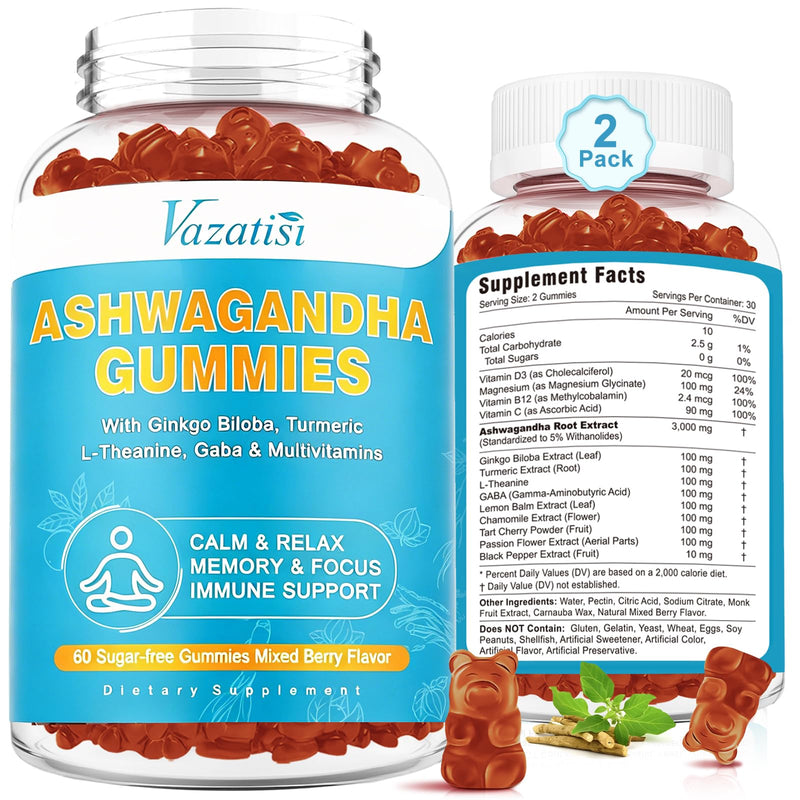2 Pack Ashwagandha Gummies with Turmeric GABA Mood Energy and Immune Support, Mixed Berry Flavor 120 Cts 60 Count (Pack of 2)