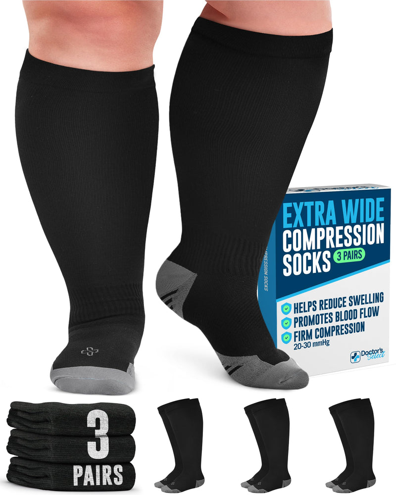 Doctor's Select 3 Pairs Plus Size Compression Socks Wide Calf - Up to 6XL | 20-30 mmHg Extra Wide Calf Compression Socks Women | Black 3 Pairs - Black 3X-Large - BeesActive Australia