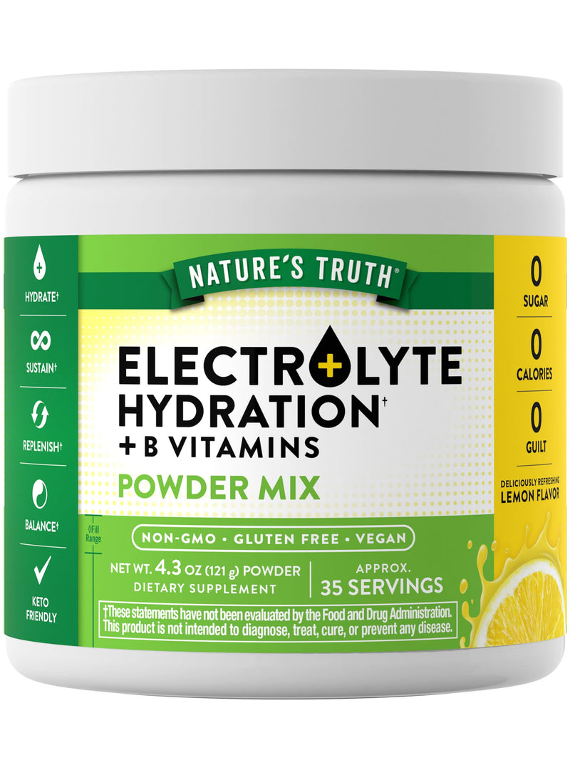 Nature's Truth Electrolytes Powder | No Sugar | with B Vitamins | Refreshing Lemon Flavor | Vegan, Non-GMO & Gluten Free Supplement for Hydration