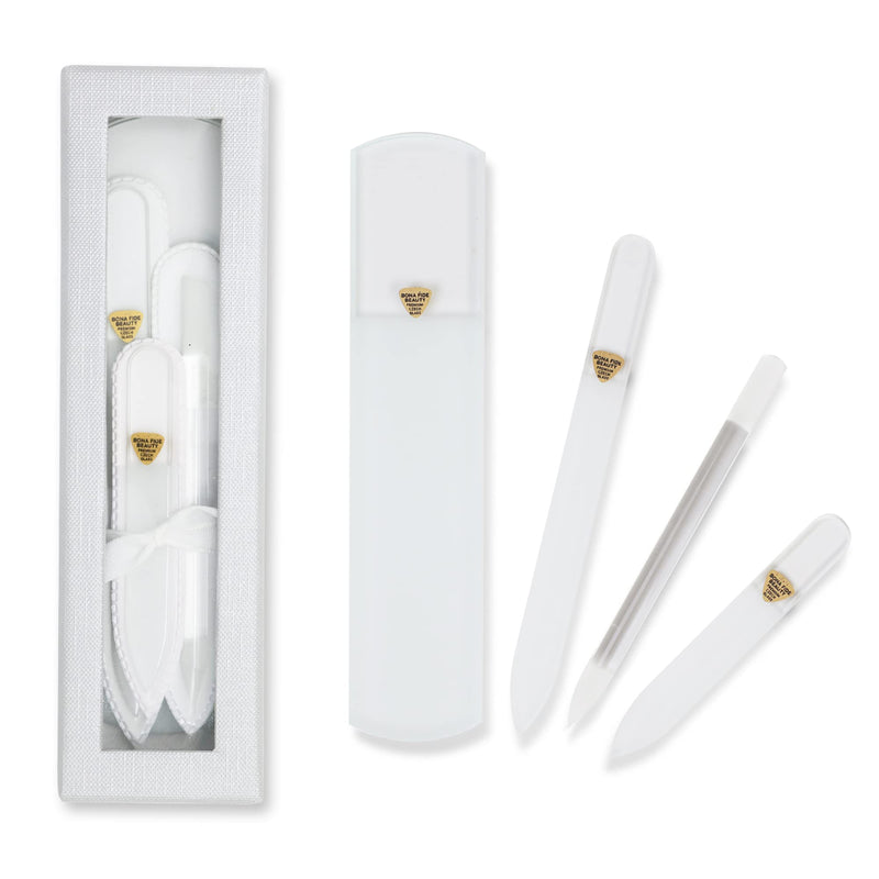 Bona Fide Beauty Nail Kit: Handmade from Czech Glass, Perfect Gift for Teenage Girl, 4PC Gift Set in Clear Color - Foot File, Travel Nail File, Glass File, 1 Cuticle Pusher