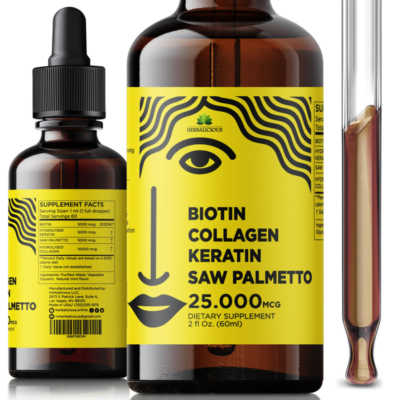 Liquid Collagen Supplements for Women - Comprehensive Formula Hair Skin Nails Supplement with 10000mcg Collagen 5000 mcg Biotin 5000 mcg Keratin 5000 mcg Saw Palmetto, Made in USA, 2fl oz