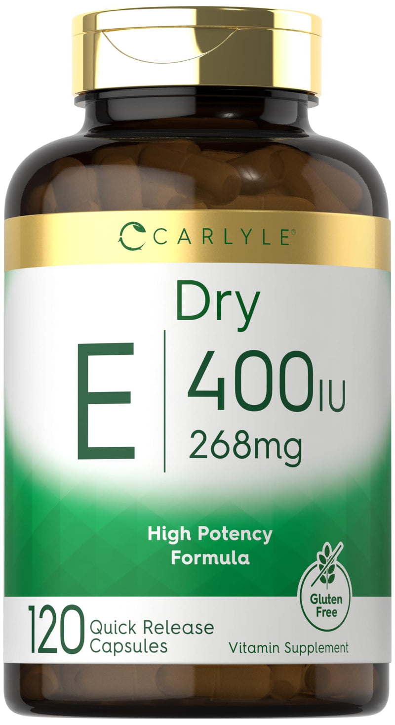 Carlyle Dry Vitamin E 400 IU | 120 Capsules | D-Alpha Tocopheryl | High Potency Formula | Non-GMO & Gluten Free Supplement
