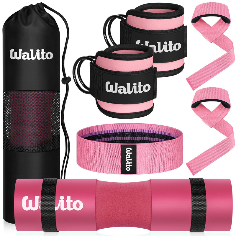WALITO 8Pcs Barbell Pad Set for Hip Thrust - Squat Pad,Gym Accessories for Women with Bar Bad,Bench Press, with Gym Ankle Straps,Resistance Bands for Working Out,Lifting Strap,Carry Bag 1-Pink - BeesActive Australia