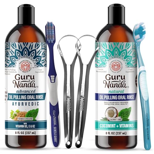 GuruNanda Advanced Oil Pulling & Coconut Oil Pulling Bundle with Toothbrush, Tongue Scraper - for Happy Teeth & Gums & Bad Breath