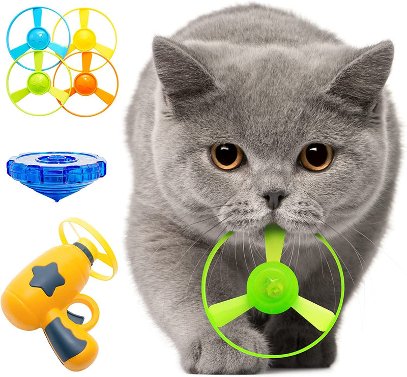 Cat Fetch Toy, Interactive Cat Flying Disc Toy with 1 Light Up Spinning Tops, 1 LED Flying Propellers and 4 Flying Propellers, Cat Track Toy for Cat Training Hunting Chasing (Yellow-2) Yellow-2 - BeesActive Australia