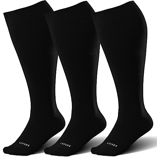LEVSOX Wide Calf Compression Socks for Women&Men Plus Size 15-20mmHg Knee High Large Support Stockings for Circulation 3 Pair-black 3X-Large