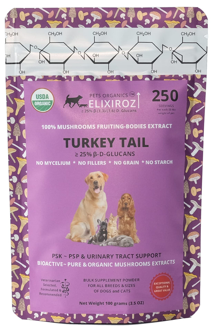 Turkey Tail Mushroom Extract for Dogs & Cats – 25%+ Beta Glucans – Concentrated Fruiting Body Extract (8:1–12:1) – Immune & Gut Support – No Fillers – 250 Servings