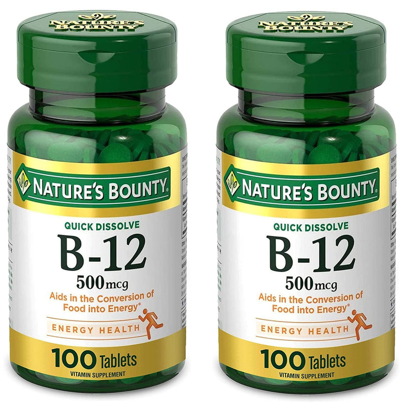 Nature's Bounty Vitamin B12, Supports Energy Metabolism and Nervous System Health, 500mcg, Tablets, 100 Ct (Pack of 2) 100 Count (Pack of 2)