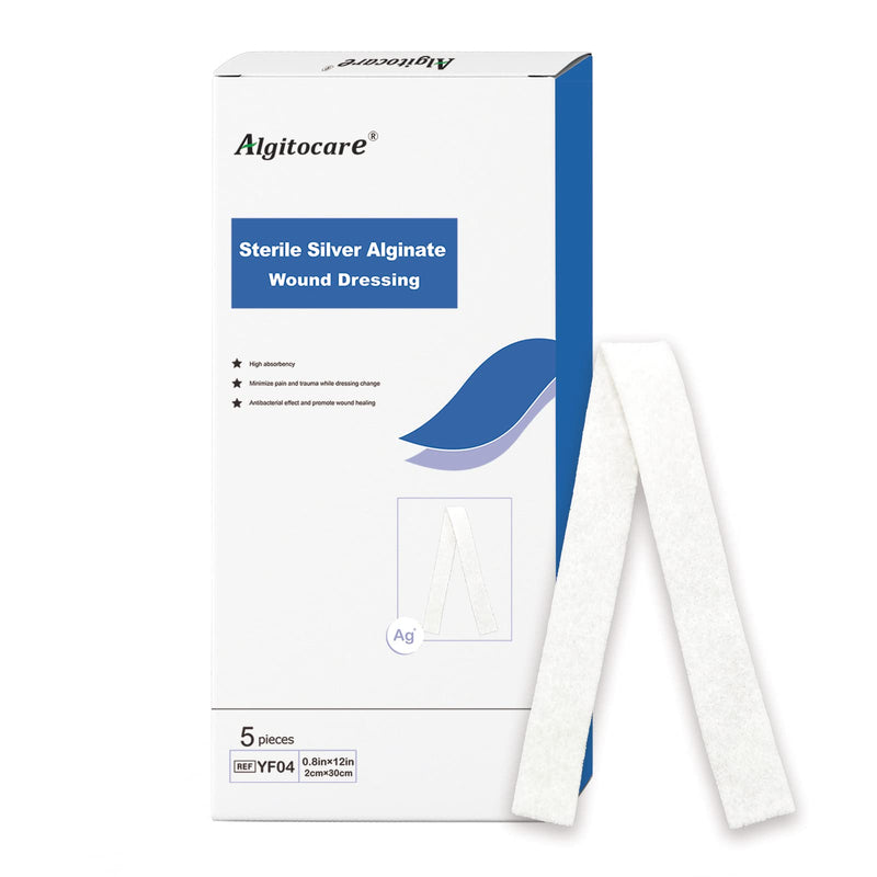 Ag Silver Calcium Alginate Wound Dressing - 0.8"x12"(Pack of 5), Non-Stick Sterile Gauze Pads for Accelerating Wound Healing, High Absorbency and Soft for Wound Care Supplies 0.8"x12"/5pcs Silver Alginate