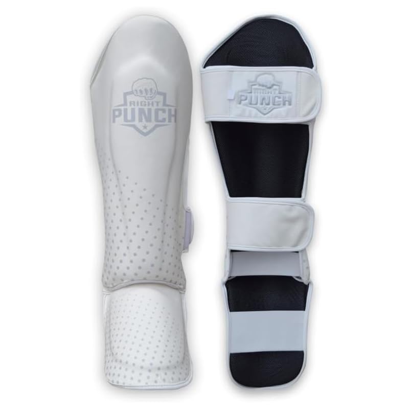 Shin Guards Kickboxing Leg Pads with Instep Protection, Muay Thai MMA Martial Arts Kicking Sparring Training Gear White & Silver Small