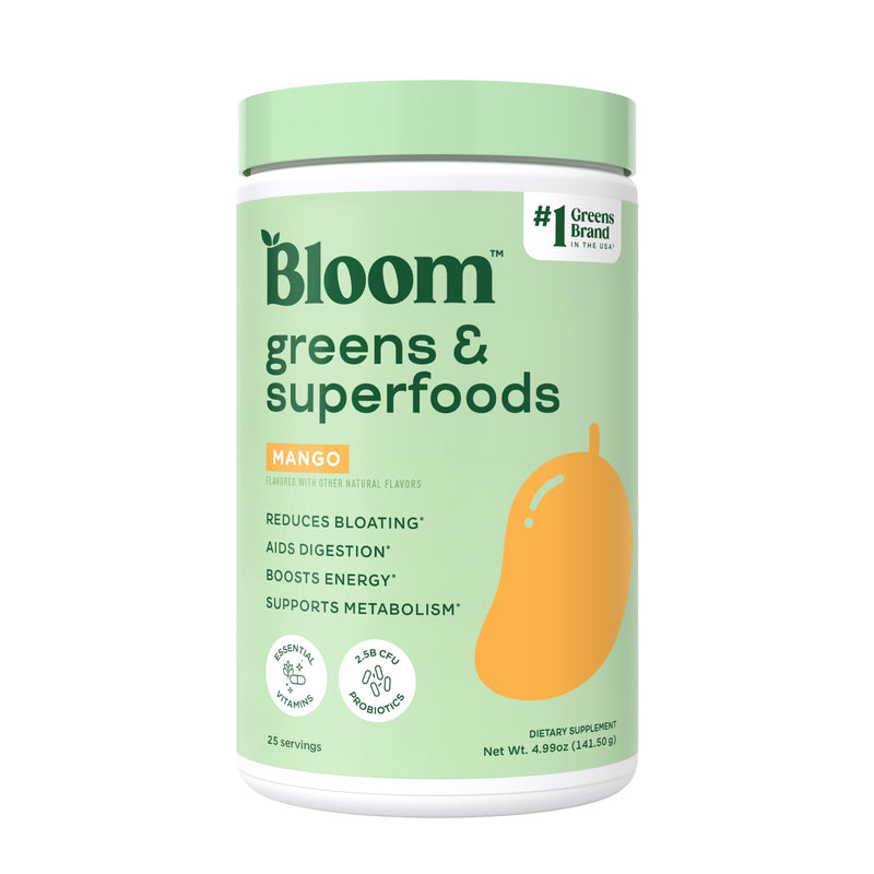 Bloom Nutrition Superfood Greens Powder, Mango, 25 Servings | Digestive Enzymes with Probiotics and Prebiotics, Gut Health, Bloating Relief for Women, Chlorella, Green Juice Mix 25 Servings (Pack of 1)