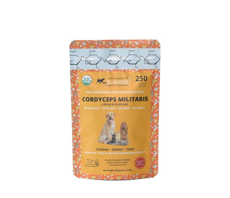 PURE CORDYCEPS M >25% β-glucans,100% Mushrooms Fruiting Bodies 8-12:1 Extract for Dogs & Cats Stamina, Energy & Tonic. Anti inflammatory. Immune, Brain, Kidney, Liver health. 250 SERVINGS for 25lb pet - PawsPlanet Australia