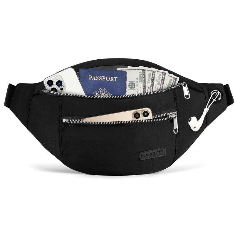 MAXTOP Large Crossbody Fanny Pack with 4-Zipper Pockets,Gifts for Enjoy Sports Festival Workout Traveling Running Casual Hands-Free Wallets Waist Pack Phone Bag Carrying All Phones Black(Washed Nylon with Silver Metal Zipper)