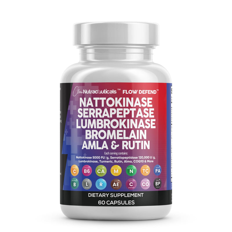 Clean Nutraceuticals Nattokinase 5000 FU Serrapeptase 120000 SPU Lumbrokinase Enzyme Supplement with Bromelain Papain Papaya Enzymes Rutin Extract Amla Magnesium Vitamin B6 & VIT C Capsules 1