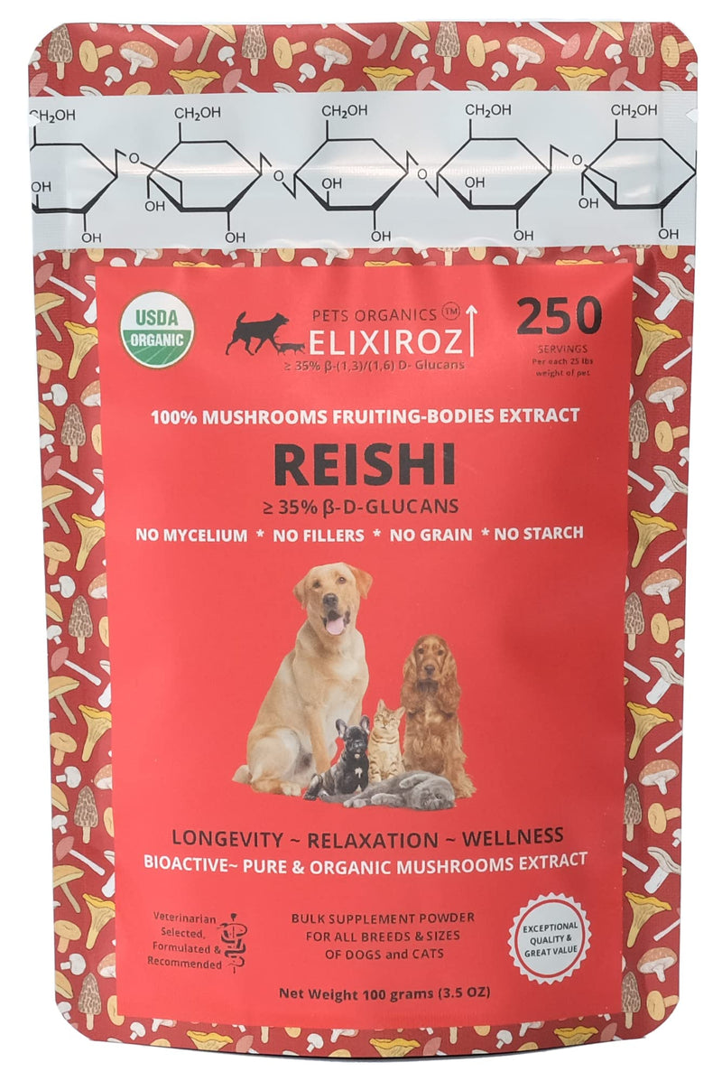 Reishi Mushroom Extract for Dogs & Cats – 35%+ Beta Glucans – Fruiting Body (8:1–12:1 Concentrated) – Immune Support, Calming & Relaxation – No Fillers – 250 Servings