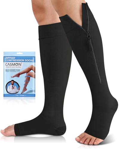 CASMON 15-20mmHg Zipper Compression Socks for Women and Men, Knee High Compression Stockings, Medical Open Toe Support Socks for Varicose Veins, Post-surgery, Swelling, Nurses, Pregnancy (1 Pair) X-Large Black