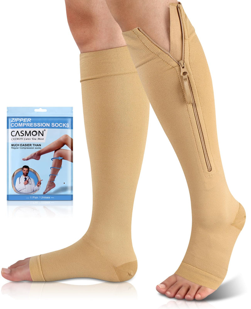 CASMON 15-20mmHg Zipper Compression Socks for Women and Men, Knee High Compression Stockings, Medical Open Toe Support Socks for Varicose Veins, Post-surgery, Swelling, Nurses, Pregnancy (1 Pair) XX-Large Beige