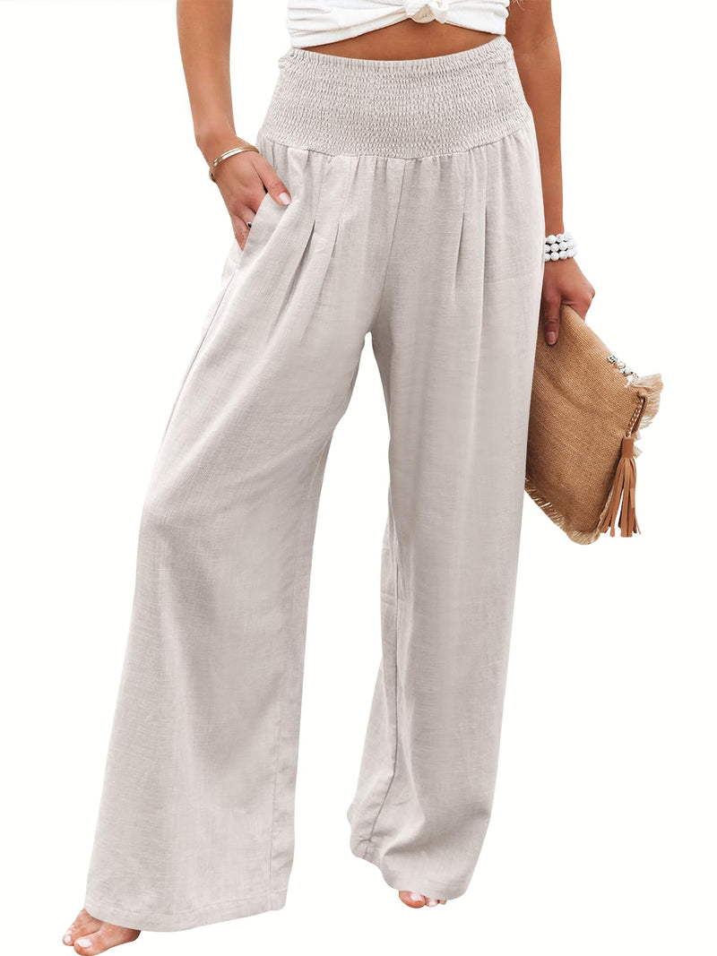 ANRABESS Women Linen Palazzo Pants Summer Boho Wide Leg High Waist Casual Lounge Pant Trousers with Pocket Large Apricot - BeesActive Australia