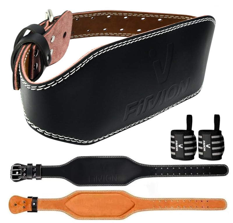 Genuine Leather Weight Lifting Belt With Free Wrist Wraps - 6 Inch Wide - PU Leather Gym Belt - Bodybuilding belts - Lumbar Back Support - Weight Lifting Belts for Men & Women Medium