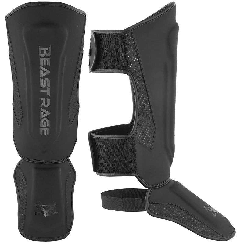 BEAST RAGE MMA Martial Arts Shin Guards for Kickboxing Adjustable Muay Thai, Padded Martial Arts Shin Pads Leg Guard with Instep Sleeves MMA Training BJJ Karate Boxing Taekwondo BLACK Large