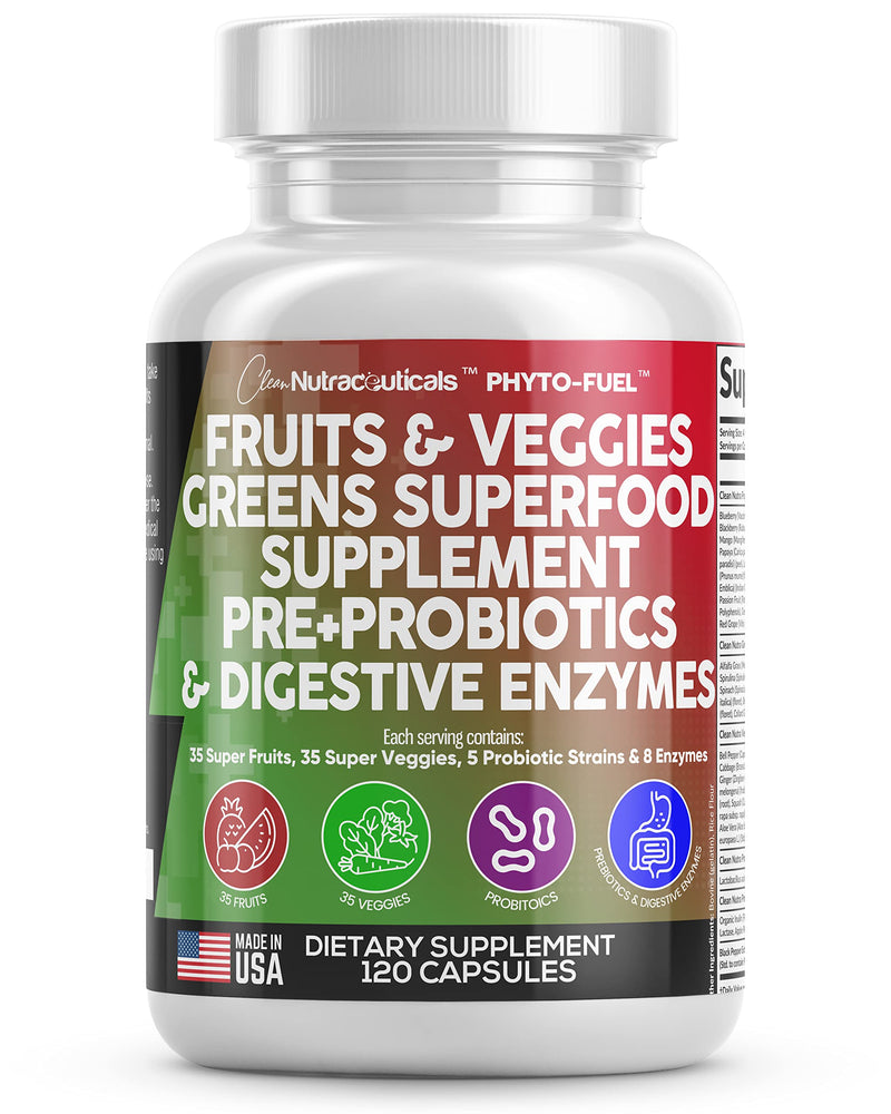 Clean Nutraceuticals Fruits and Veggies Supplement Reds & Green Superfood - Balance of Over 70 Fruit & Vegetable Supplements Capsules with Probiotics Prebiotics Digestive Enzymes - 120 Ct USA 1 - BeesActive Australia