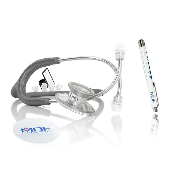 MDF Instruments Acoustica Lightweight Stethoscope for Doctors, Nurses, Students, Silver/Gray tube + MDF LUMiNiX Illuminator Medical Professional Diagnostic Penlight