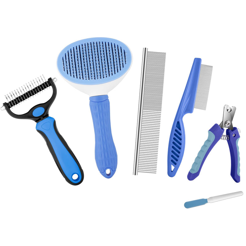 Odoland Dog Brush Grooming Care Kit - Dog Brush, Dog Slicker Brush, Undercoat Rake, Dog Hair Removal Comb, Pet Nail Clippers, Shedding Tool for Long matted Haired Cat and Puppy Blue