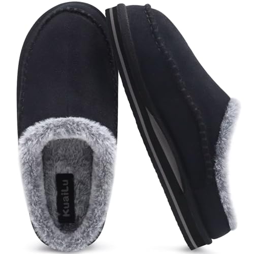 KuaiLu Mens Slippers Orthopedic Arch Support Suede Fluff Plush Home Shoes 12 Black
