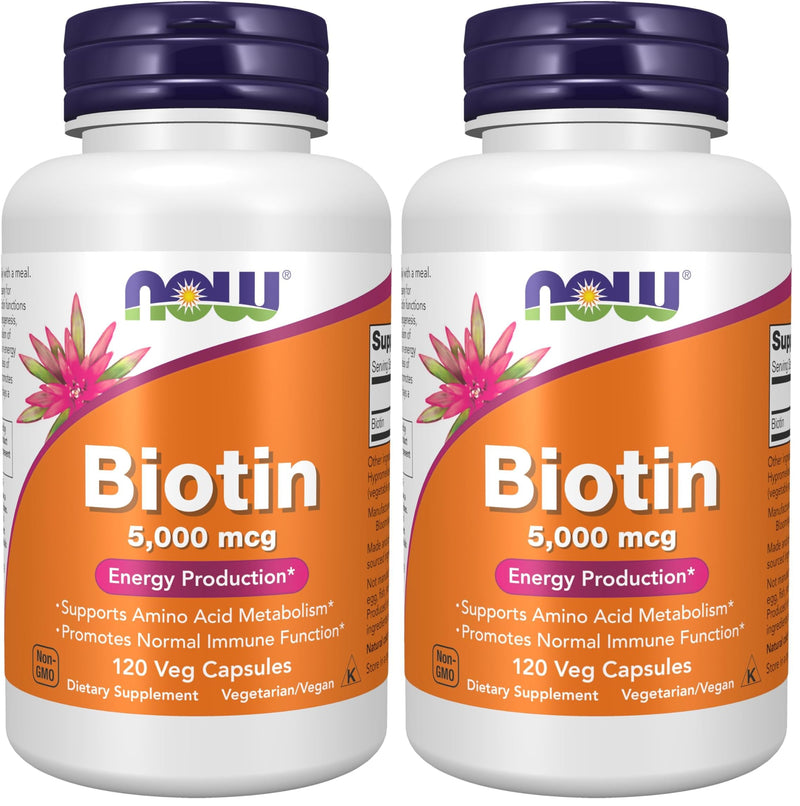 NOW Supplements, Biotin 5,000 mcg, Amino Acid Metabolism*, Energy Production*, 120 Veg Capsules (Pack of 2) 120 Count (Pack of 2)