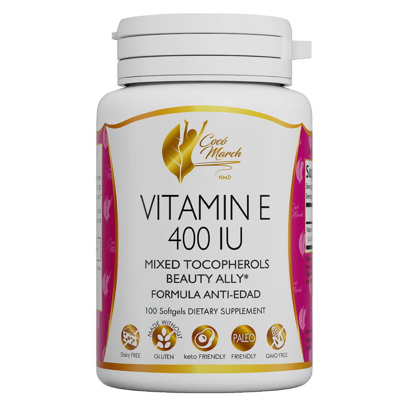 Coco March Natural Vitamin E 400 IU -Mixed Tocopherols, Beauty Ally, 3 Month Supply - Gluten Free, Paleo Friendly, Dairy Free, Keto Friendly, GMO Free, 100 Softgels - BeesActive Australia