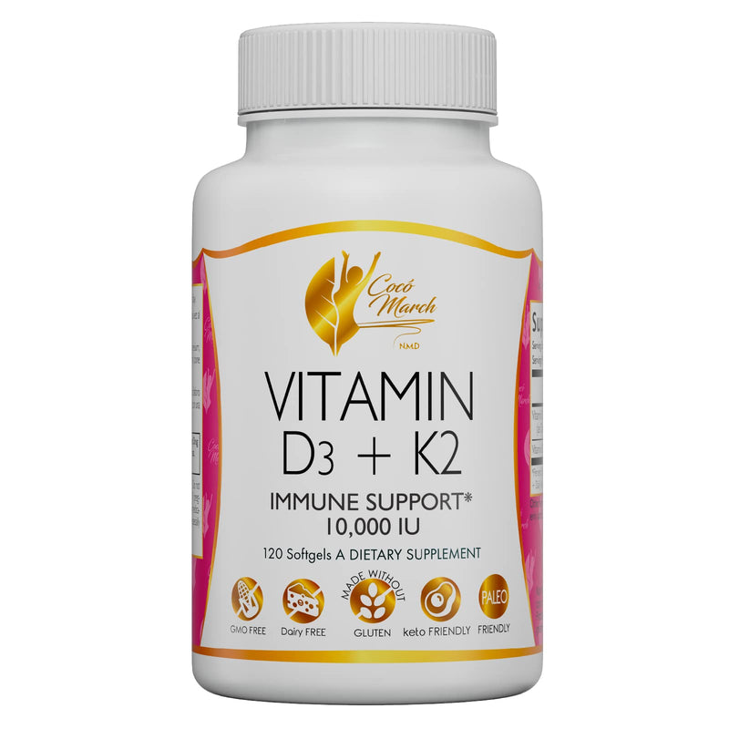 Coco March Vitamin D3+K2 10,000 IU - 4 Month Supply HIGH POTENCY - Immune & Joint Health Gluten Free, GMO Free, Dairy Free, Keto Friendly, Paleo Friendly, 250 mcg of D3-180 mcg of Vitamin K2 - BeesActive Australia