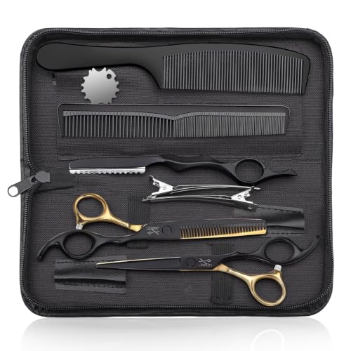 JASON Hair Cutting Scissors Set - 6" Professional 10-Piece Haircut Shears Black & Gold