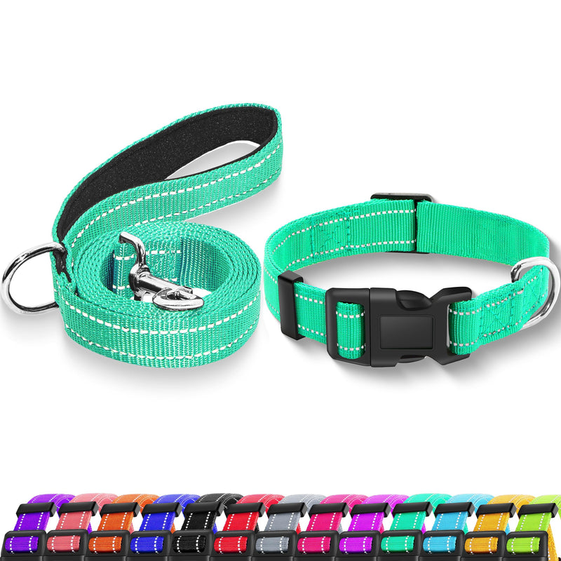 Reflective Dog Collar with Safety Locking Buckle, Adjustable Soft Breathable Nylon Collars for Small, Medium and Large Dogs(Collar+Leash XS Width 5/8" Turquoise) X-Small (Width 5/8") - BeesActive Australia