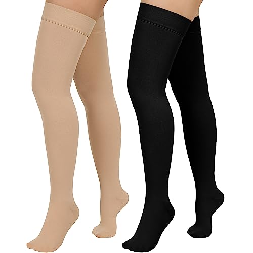 2 Pairs Compression Stockings for Women & Men,20-30mmHg Thigh High Compression Socks,Closed Toe Medical Compression Socks with Silicone Dot Band-Best Support for Nursing Sports Varicose Veins Closed Toe--black and Beige Large