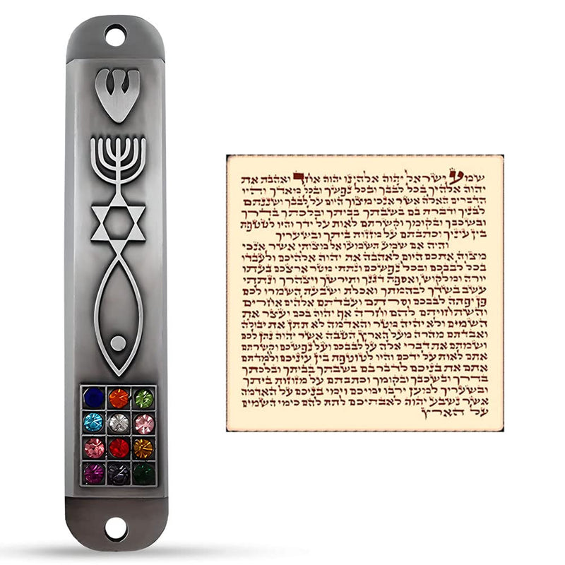 Pewter Messianic Mezuzah Case with Scroll for Door 3D Menorah Star Messianic Seal 12 Tribes of Israel 4 Inch - BeesActive Australia