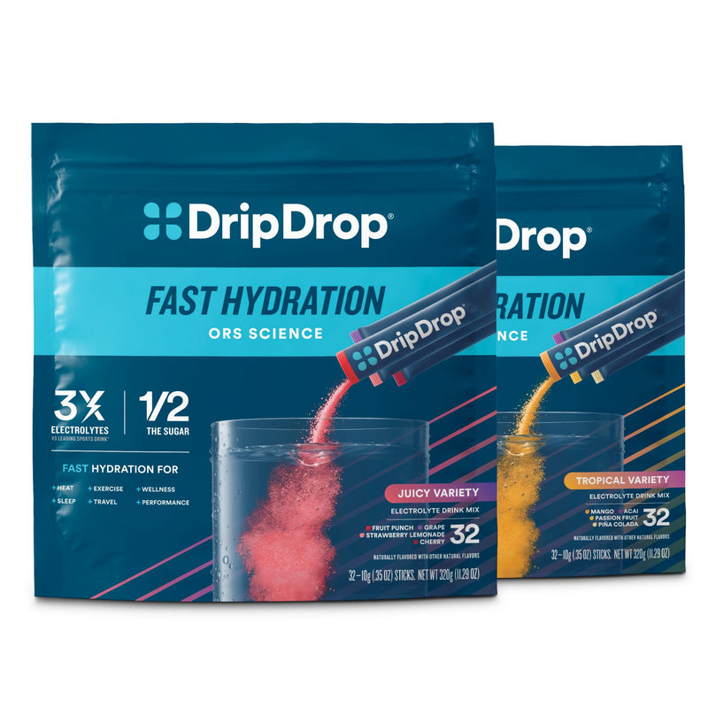 DripDrop Hydration Juicy Tropical Variety Bundle Electrolyte Packets, 64 Ct | Grape, Fruit Punch, Strawberry Lemonade, Cherry, Mango, Açaí, Passion Fruit & Piña Colada; Single Serve Powder Drink Mix