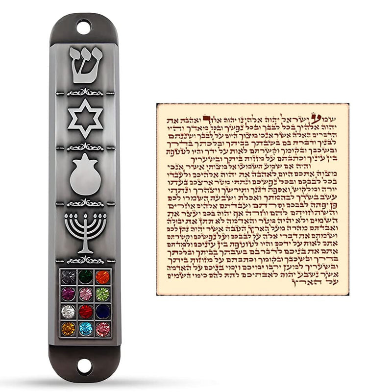 Pewter Mezuzah Case with Scroll for Door 3D Jewish Star of David Jerusalem Menorah 12 Tribes of Israel Mezuza Judaica Gift 10 cm / 4 inch - BeesActive Australia