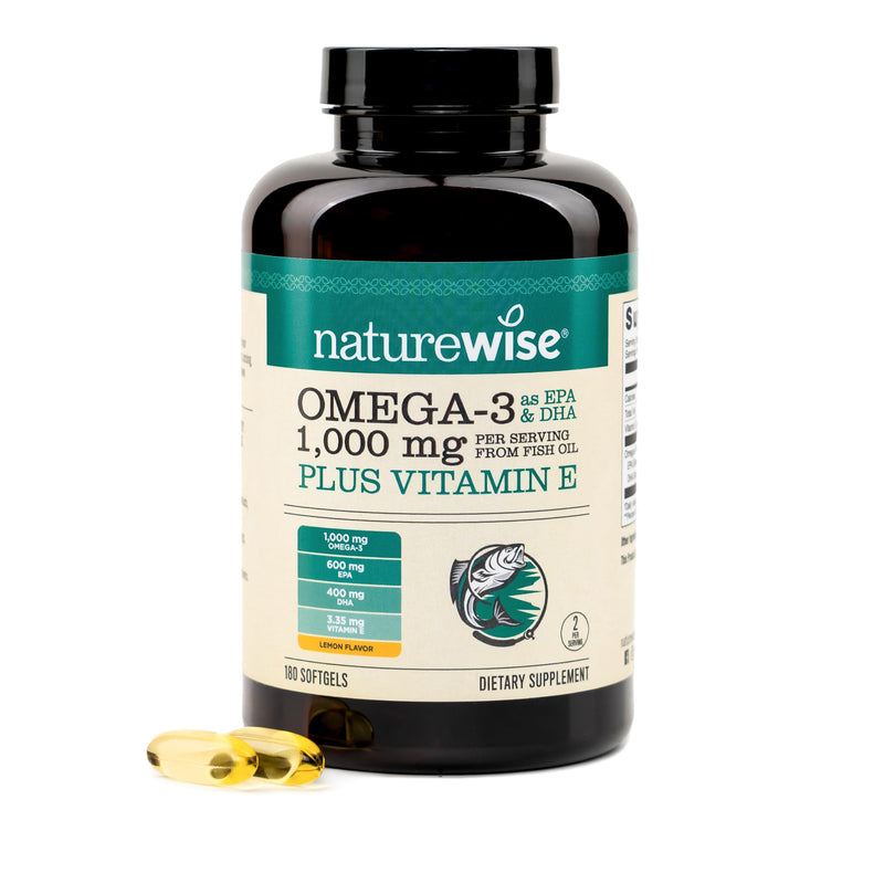 NatureWise Extra-Strength Omega 3 Fish Oil Supplement - 1000mg per Serving - 600 EPA & 400 DHA and Vitamin E - Sustainably Sourced Fish Oil - Lemon Flavor, GMO-Free - 180 Softgels[3-Month Supply] 180 Count (Pack of 1)