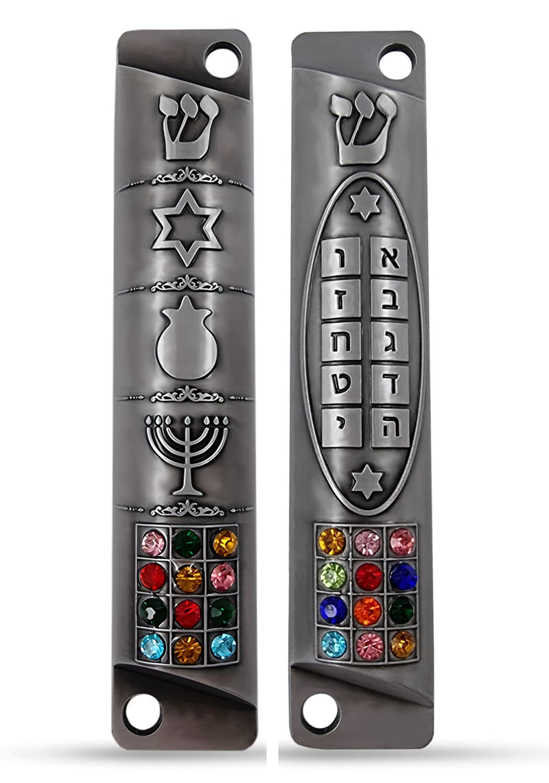 Set of 2 Pewter Mezuzah Case with Scroll for Door Jewish Symbols Star of David Menorah Ten Commandments 12 Tribes of Israel Mezuzah Set Judaica Gift 10 cm / 4 inch - BeesActive Australia