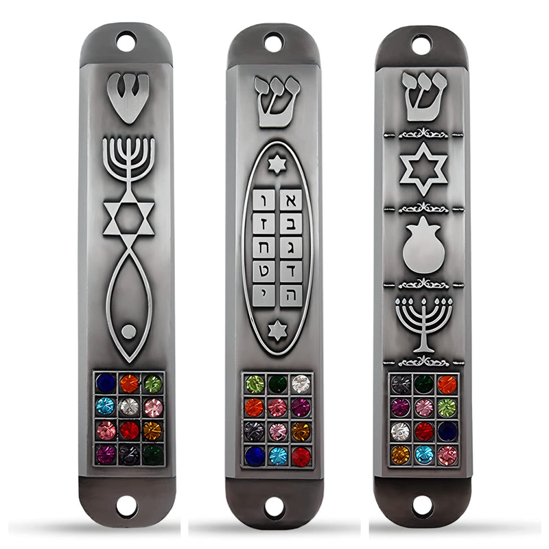 Set of 3 Pewter Mezuzah Case with Scroll for Door 3D Menorah Star of David Ten Commandments 12 Tribes of Israel Messianic Seal Jewish Mezuzah Set Judaica Gift 10 cm / 4 inch - BeesActive Australia