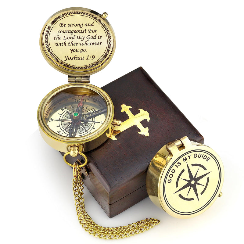 God is My Guide Brass Compass Gift with Display Box - Engraved Scripture Prayer Compass Religious Gift for Men & Women - Baptism, Confirmation, Communion Compass for Boys Graduation Gift Polished Brass - BeesActive Australia